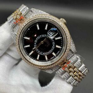 샤인 패션 남자 시계 자동 CZ 다이아몬드 2 톤 옐로우 골드 케이스 40mm 블랙 다이얼 아이스 시계