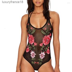 Womens Swimwear See Through Mesh One-piece Suit Rose Embroidered Piece Swimsuit Women Sexy Non-padded Bathing Transparent Black''gg''IEZO