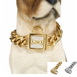 Collars New 19mm Golden Pet Collars Thick Large Dog Chain Pitbull Curb Cuban Link Stainless Steel Diamonded Box Lock Clasp 12inch32inch