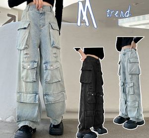 Adolescenti buco jeans grandi bambini più tasca pantaloni cargo di denim 2024 ragazze vecchie primaverili sciolti pantaloni a gamba dritta Z6901
