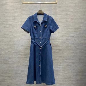 Milan Runway Dress 2024 Lapel Neck Short Sleeves Denim Button Long Dresses Holiday Vestidos De Festa 22901