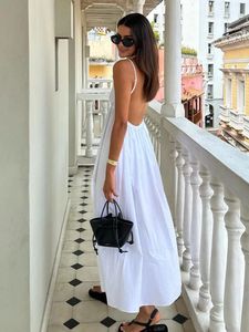 Sexy sem costas midi vestido sem mangas com decote em v moda verão mulher causal solto praia férias branco longo 240219