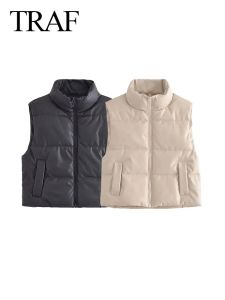 Parka TRAF Inverno Donna Ecopelle PU Gilet in cotone Moda Senza maniche Giacca imbottita trapuntata Colletto alla coreana Gilet con cerniera Top da donna