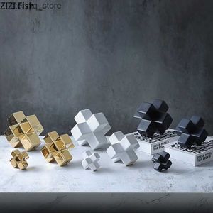 Annan heminredning Creative Ceramic Crafts Geometric Cross Sculpture Golden Cube Quadrate Dekorativa figurer Rumdekoration Tillbehör Q240229