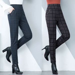 Capris novo 2021 outono inverno mulheres de meia idade veludo elástico cintura alta leggings calças femininas xadrez casual quente engrossar calças g15