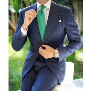 Suits Hot Sale Navy Pinstripe Men Suits Peaked Lapel Two Button Groom Wedding Business Prom Party Blazer Jacket (Jacket+Pants)