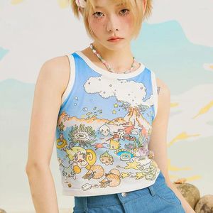 Women's Tanks Knitted Vest Women Blue Sleeveless Cartoon Printing Pullovers Autumn Color Contracting Slim Asymmetry Tops Slight Strech