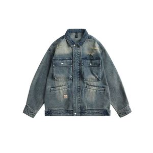 2024 Frühling personalisierte perforierte gewaschene Denim-Kleidung mit mehreren Taschen für Männer und Paare, Unisex-Freizeitjacken