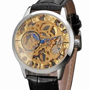 Durchsichtiges silberfarbenes Gehäuse, goldenes Uhrwerk, hohles Skelett, Steampunk-Handaufzug, mechanische Herren-Armbanduhr, schwarzes Lederarmband, Wr277Q