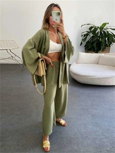 Capris 2023 Woman Suit осень осенняя хлопчатобумажная конопля Leak Sopeece Set Set Flare с длинными рукавами кардиган + плиссированный широколога