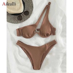 Swim wear sexy um ombro biquinis maiôs recorte mulheres swimwear 2023 underwire biquini alta corte maiô push up praia bikini conjunto 240229