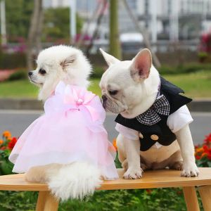 Vestidos de festa de casamento vestido de cachorro bowknot vestido de casamento terno roupas de cachorro melhor menino dama de honra meninas traje de estimação para cães pequenos e médios