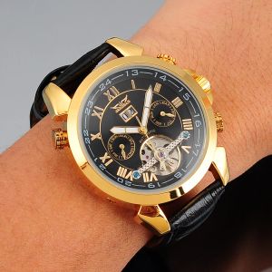 Watches Jaragar Mens Watches Top Brand Auto Day Date Selfwind Mechanical Male Clock Skeleton Tourbillon Wristwatch Leather Strap