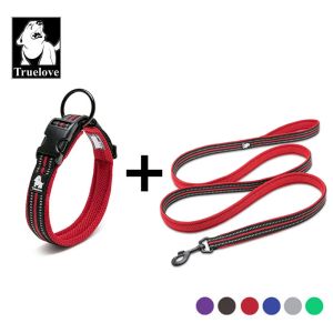 Coleiras Truelove Malha Nylon Pet Dog Collar e Leash Set Filhote de Cachorro Coleira Colar Reflexivo Preto Pitbull Terrier Trela Doberman Cão