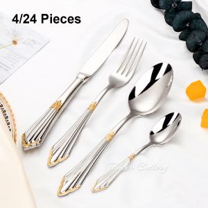 Sets 4/24 Pieces Luxury Gold Cutlery Set Vintage Western Stainless Steel Gold Plated Tableware Black Dinnerware Knife Fork Spoon Set