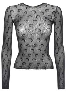 女性のブラウスシャツムーン透明メッシュシャツセクシーな女性oネックスリーブスリムベーシックメススプリング240229