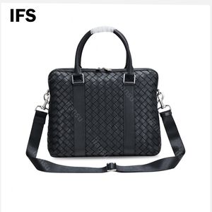 10A High-End Luxury Design Laptop Bag Famous Brand Briefcase Top Leather Handbag for Men Business Single Bag Fashion Weave Minimalist Style A4 Magazine Black