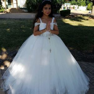 Novo vestido de baile branco vestidos de menina flor para casamentos alças espaguete tule com miçangas vestidos de primeira comunhão para meninas ba9492