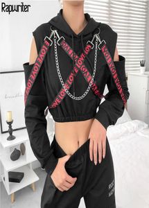 Rapwriter Casual Metal Chain Patchwork Letter Ribbon Long Sleeve Hoodies Women Fall Winter Black Harajuku Pullover Crop Top 2010079055532