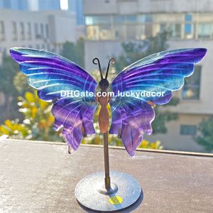 Rainbow Fluorite Butterfly Wings on Stand Mental Clarity, Stability, Concentration, Energetic Protection - Amazing Fluorite Quartz Crystal Wings Carving Home Decor