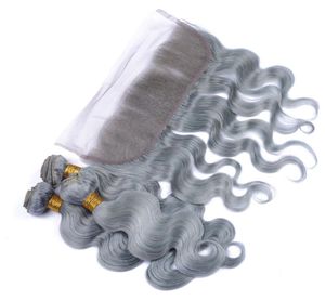Brasileiro virgem prata cinza cabelo humano tece com laço completo frontal 4 pçs / lote onda corporal cor cinza puro 13x4 laço frontal encerramento5034499