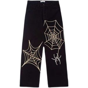 High-Street-Vibe-Stil, lockere Hose mit geradem Bein und weitem Bein, amerikanisches Spinnennetz-gesticktes Jeans-Design, fühlt sich lässig an, lange Hose