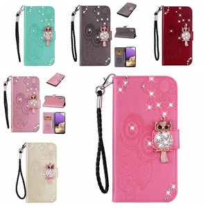 Bling Diamond Leather Wallet Falls för Samsung S24 Ultra Plus A55 A35 Xiaomi Redmi Note 13 Pro Plus 4G 5G 3D Owl Flower Print Lace Night Bird Card Holder Flip Cover Pouch