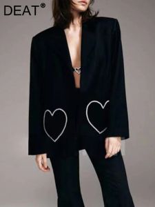 Blazers DEAT Fashion Women's Blazer Loose Notched Collar Long Sleeve Heart Diamonds Pockets Black Suit Jackets Autumn 2024 New 17A6728