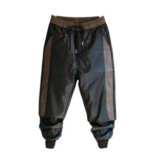 Byxor idopy ny ankomst Autumn Winter Mens Korean Hip Hop Faux Leather Harem Pants Patchwork Drawstring Elastic Midje PU JOGGERS