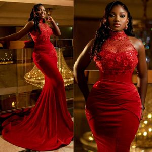 Aso Ebi Plus Size Prom Dresses Evening Gowns Red Mermaid Velvet High Neck Formal Dresses for African Nigeria Black Women Birthday Party Gowns Engagement Gown AM426