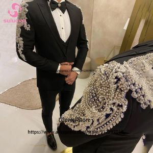 Костюма роскошные жемчужные костюмы для мужчин Slim Fit 3 Piece Set Groom Wedding Party