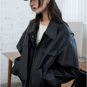 Ceketler Yüksek Kişilik Siyah Pu Deri Ceketler Kadınlar İçin 2023 Yeni Sonbahar Kış Gevşek Straplez Deri Ceket Uzun Kollu Ceket