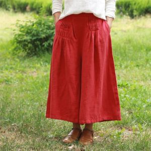 Capris Johnature Women Vintage szeroko nogi spodnie Linen Kolor Solid Kolor 2023 Nowy wiosenny fold Patchwork Kobiety swobodne luźne spodnie