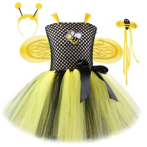 Vestidos bumble bee tutu vestido para bebês meninas roupa de aniversário fantasia de halloween para crianças vestidos cosplay de abelha com asa conjunto de faixa de cabeça