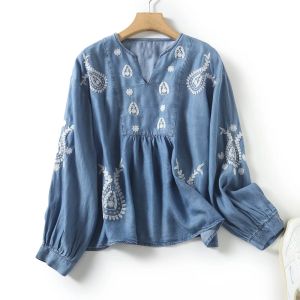 Blouse embroidery denim blouse women long sleeves vneck casual soft jeans blouse light blue cotton fashion womens tops