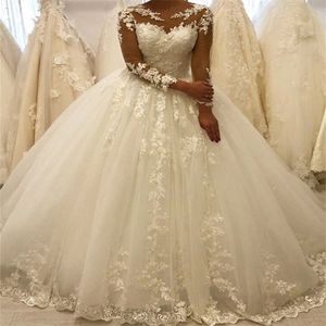2024 Summer Beach A Line Wedding Dresses Simple Jewel Neck Illusion Lace Appliques Beads Tulle Long Sleeve Puffy Sweep Train Plus Size Formal Bridal Gowns