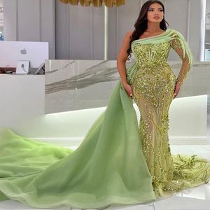 2024 Aso Ebi Sage Mermaid Prom Dress Beaded See Through Evening Formal Party Second Reception 50th Birthday Engagement Gowns Dresses Robe De Soiree ZJ86