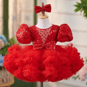 Sequined Red Flower Girl Dresses For Wedding 2024 Ball Gown Cap Sleeves Ruffles Tiered Skirts Toddler Gowns Kids Birthday Formal Party Prom Pageant Dress 403