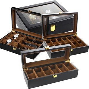 6 10 12 Slot Wooden Watch Box Organizer Hoder Watch Stand Display Storage Case Real Glass Top For Men and Women Holiday Gift 240226