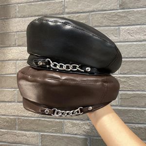 Berets Kette Leder Baskenmütze Männer Frauen Britische Vintage Pu Sboy Achteckige Herbst Winter Einfarbig Retro Vielseitige Maler Kappe