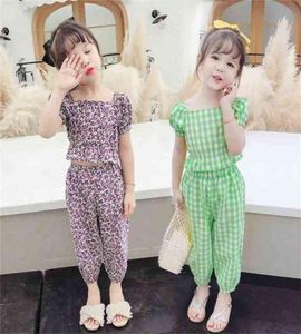 Jargazol Летние наряды с рюшами для девочек Цветочная клетчатая детская одежда Модные топы Симпатичный корейский комплект одежды для маленьких девочек 2108045095492