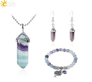 CSJA Healing Point Fluorite Necklace Bracelet Statement Jewelry Set Amethyst Earring Natural Gemstone Quartz Hexagonal Bullet Jewe1633953