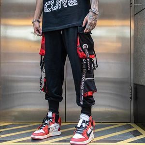 Calças de treino masculinas calças de carga casual hip hop hit cor vários bolsos calças streetwear fitas techwear sweatpants