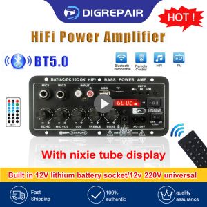 Hoparlörler 200W Dijital Bluetooth Amplifikatör 12V Stereo Ağır Bas Ayarlama Profesyonel Çift Mikrofon Karaoke Amplifikatörler Hoparlör