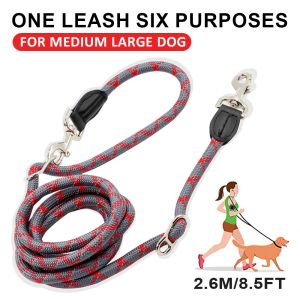 Leashes Dog Training Leash Reflective Double Head Justerbart husdjur för medelstora stora hundband som kör fria händer Nylonrep promenader för husdjur