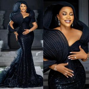 Nigeria Aso Ebi Plus Size Prom -klänningar långa med avtagbart tyllståg för speciella tillfällen sjöjungfrupärlade spetsformella klänningar Kvällsklänning för svarta kvinnor AM425