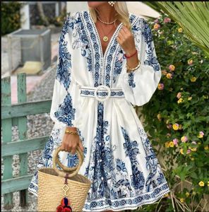 Summer Casual good quality Dresses Women's Bohemian Dress Print Long Lantern Sleeve sexy personal V Neck Corset Slim Button Pleated Vacation Skirt