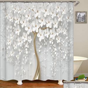 Chuveiro Cortinas 3D Beautif Flower Tree Impressão Cortina de Banheiro Poliéster Impermeável Cinto Gancho Decoração de Casa Drop Delivery Garden Dhyka