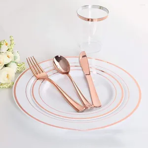 Conjuntos de louça de luxo doméstico para casamento/festa de aniversário conjunto de talheres de ouro rosa facas de plástico garfos colher utensílios de mesa descartáveis