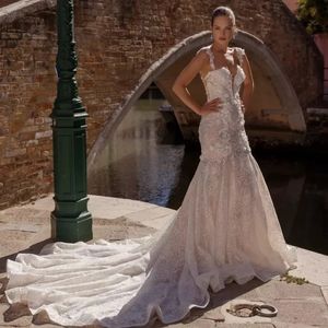 2024 Великолепные свадебные платья русалки, сексуальные бретельки, лиф без рукавов, 3D цветочная аппликация, свадебное платье 328 328